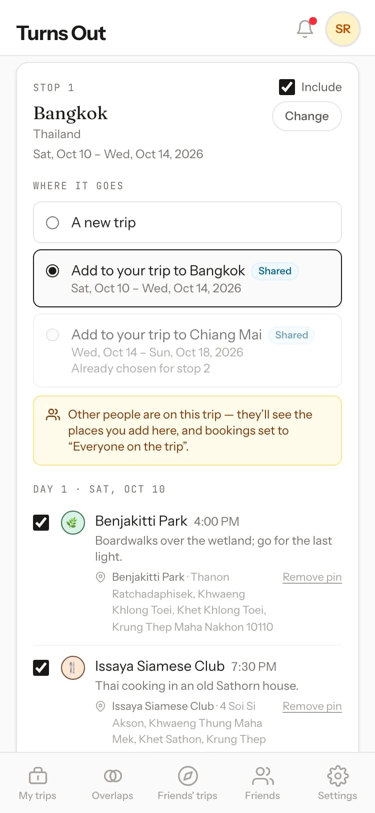 The review: every stop, place and booking, checked before anything is added.