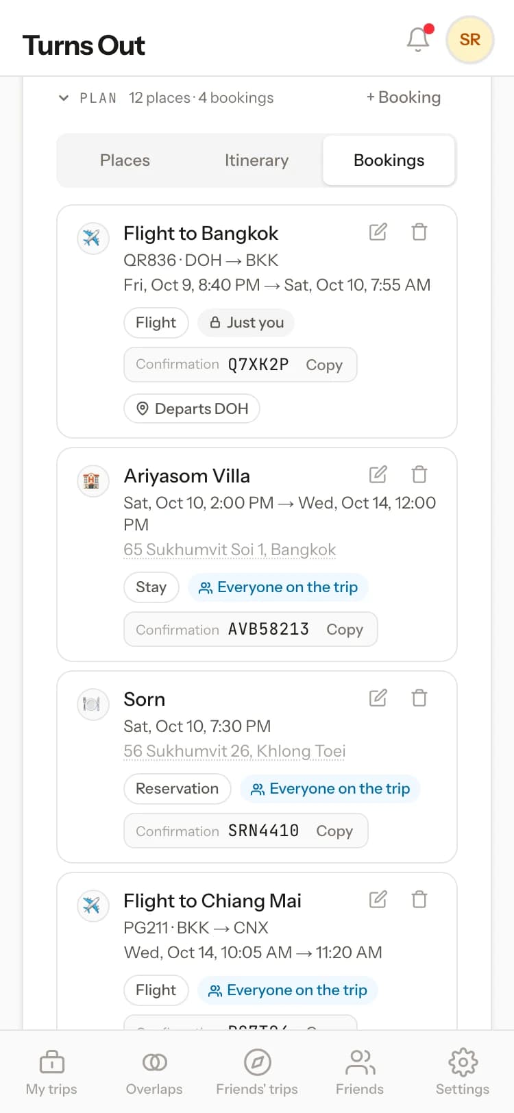 A trip’s bookings: who each one is for, and its confirmation code.