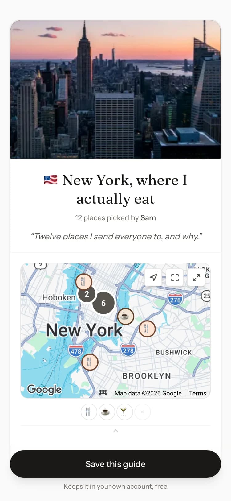 A guide’s link: its places on a map, for anyone to open and save.