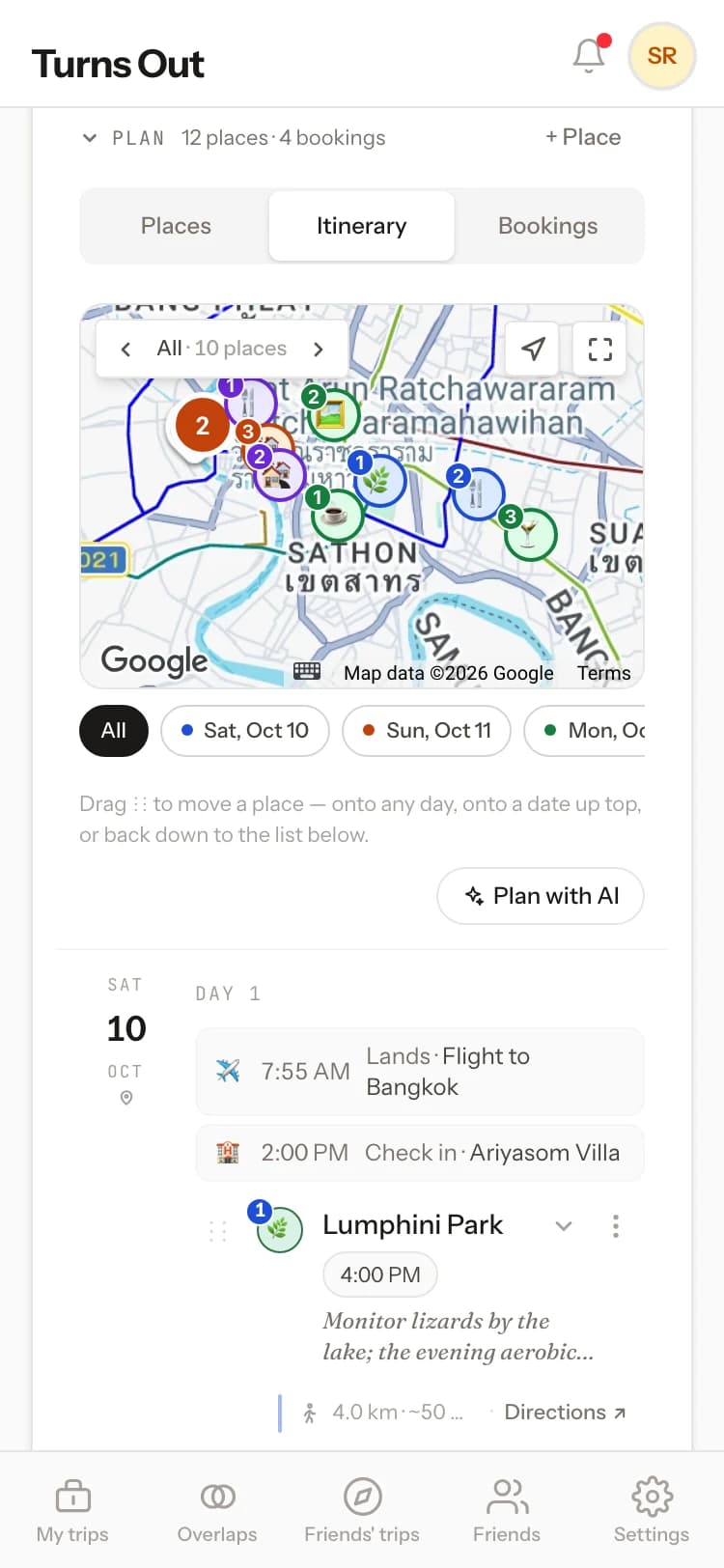 A day on the itinerary: places in order, times, and the flight and hotel on the same day.
